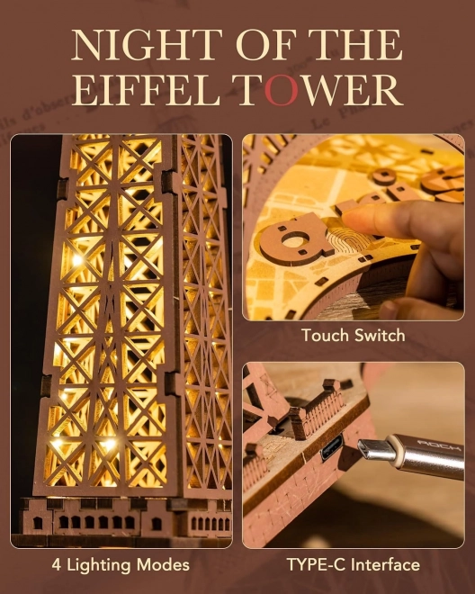 Puzzle 3D din lemn Noaptea Turnului Eiffel, luminoase