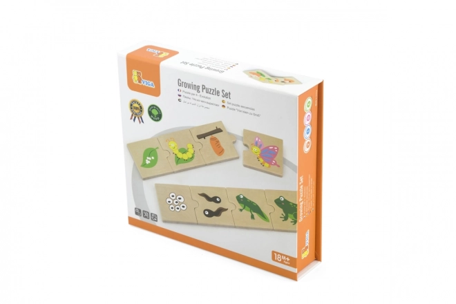 Puzzle din lemn cu animale și plante în creștere