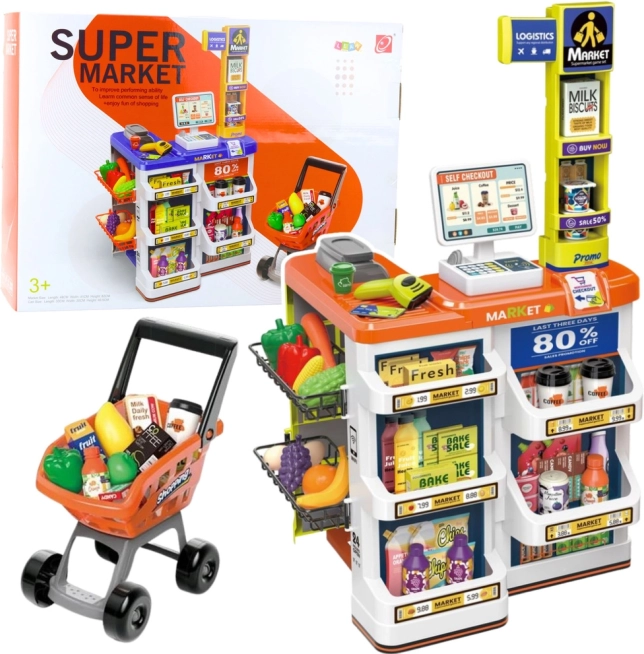 Magazin pentru copii cu casă de marcat și cărucior – set supermarket 60 piese