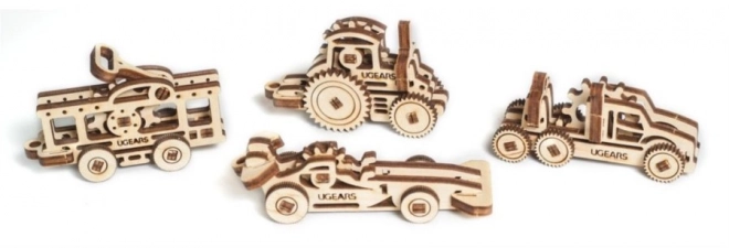 Puzzle mecanic 3D din lemn Ugears - 4 brelocuri vehicule