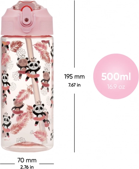 Sticlă roz pentru copii cu pai Panda 500 ml