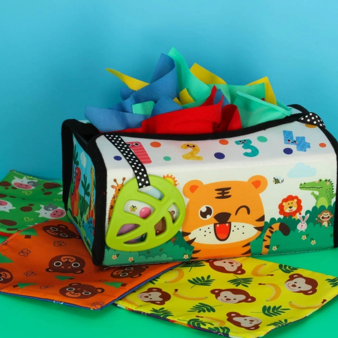 Jucărie senzorială Montessori cu batiste și covoraș 2în1