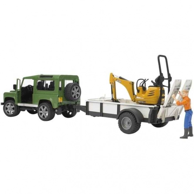 Land Rover cu remorcă și mini excavator JCB de la Bruder