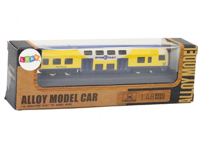 Model colectibil tren galben-albastru 1:48 metalic