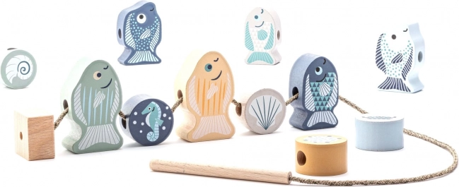 Cubika pastel pești de înșirat și viețuitoare marine – set din lemn pentru înșirat