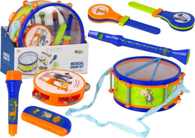 Instrumente muzicale pentru copii - Set tobă, tamburină, fluier, zornăitoare, armonică, animale