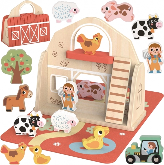 Tooky Toy Ferma din lemn pliabilă cu figurine de animale