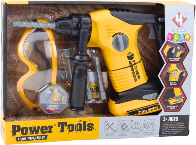 Ciocan rotopercutor pentru copii cu capete interschimbabile și ochelari de protecție galbeni