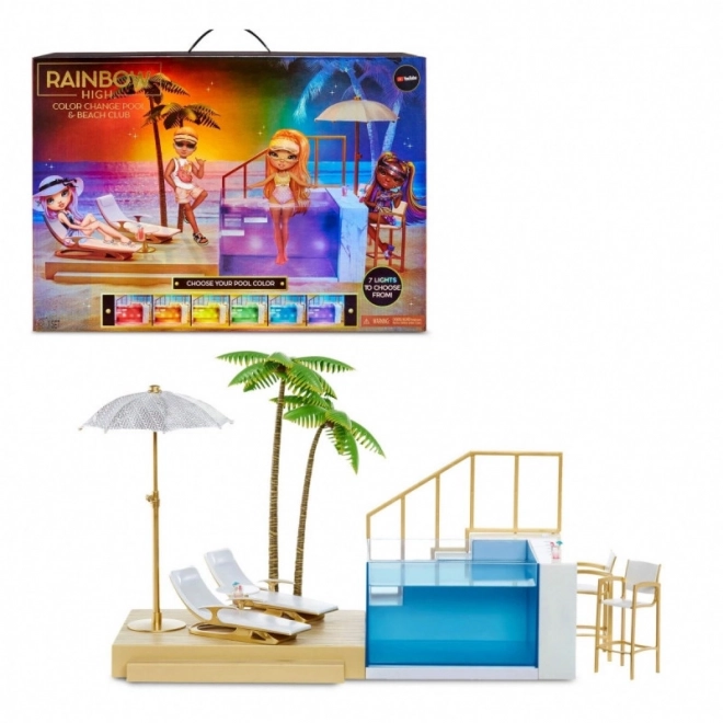 Set de joacă Rainbow High piscină și club de plajă cu schimbare de culoare