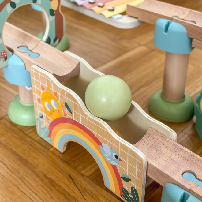 Traseu din lemn cu bile și xilofon Tooky Toy 44 piese