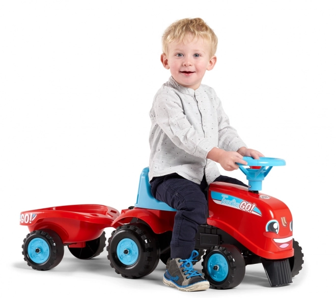 Premergător - tractor Go Farm roșu cu volan și remorcă