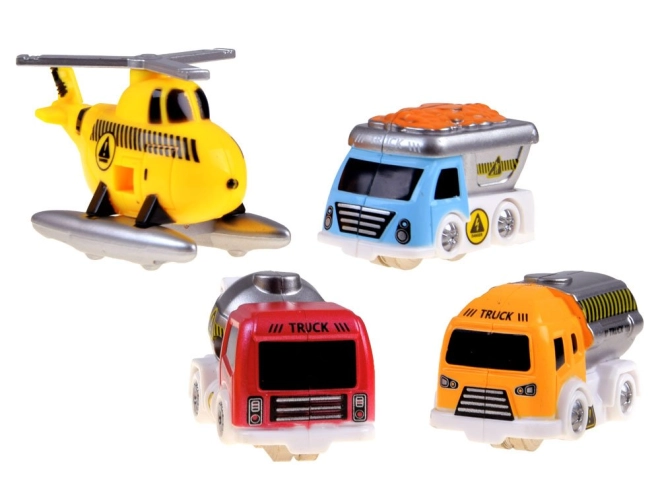 Set bogat de vehicule și figurină de constructor