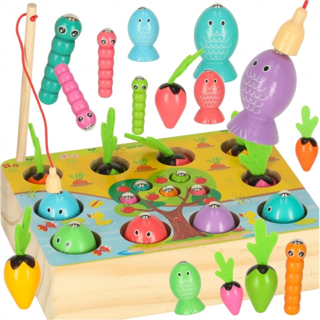 Joc Montessori din lemn – pescuit magnetic, râme și morcovi