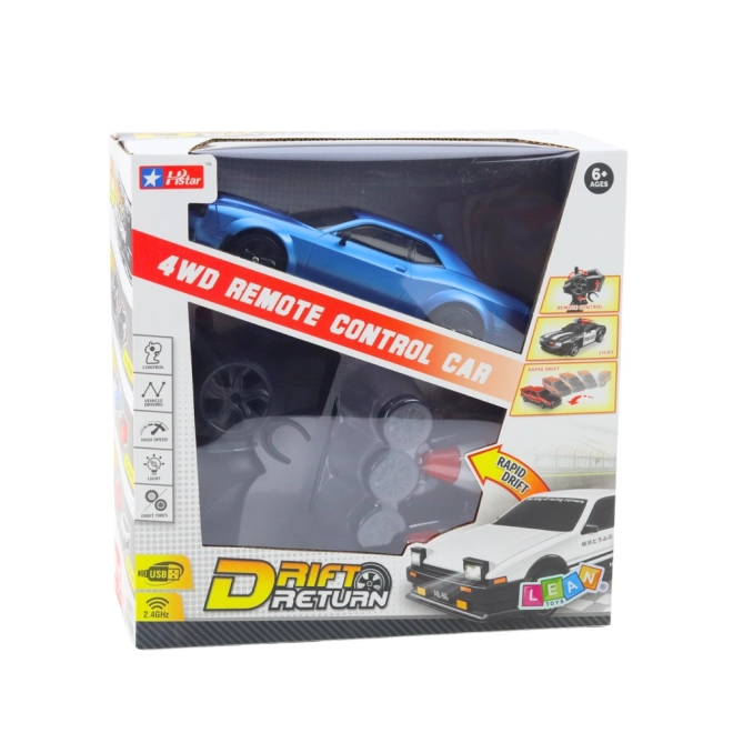Mașinuță sport drift cu roți interschimbabile și telecomandă RC 4WD albastră