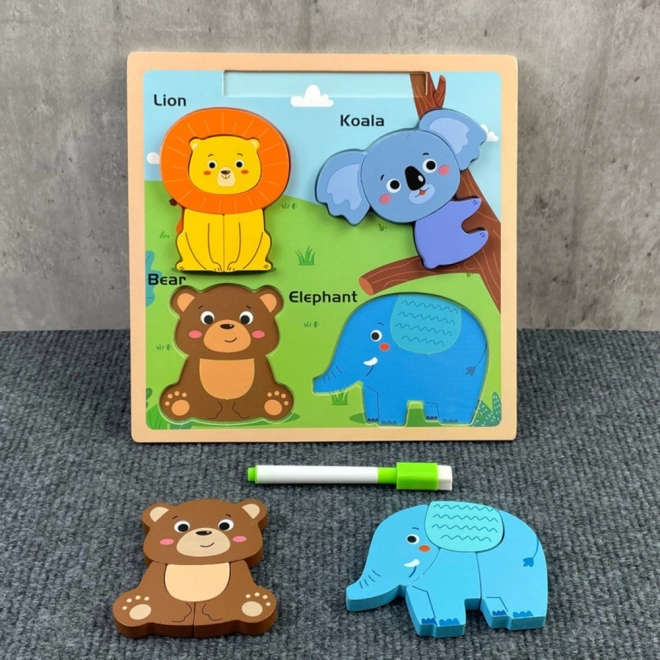Puzzle educațional din lemn cu animale și tablă de desen