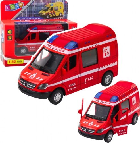 Autospecială de pompieri metalică 1:32 cu mecanism cu întoarcere, lumini și sunete – roșu