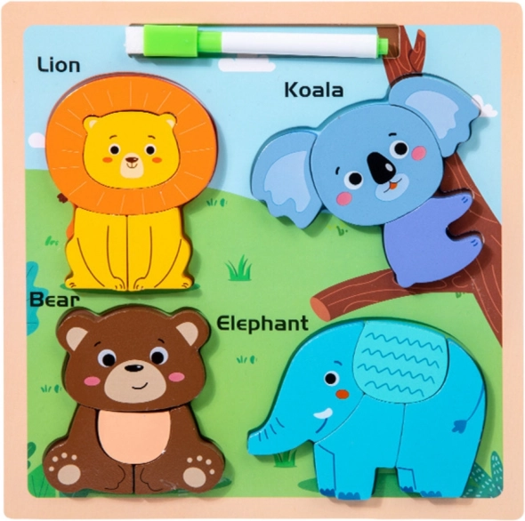 Puzzle educațional din lemn cu animale și tablă de desen