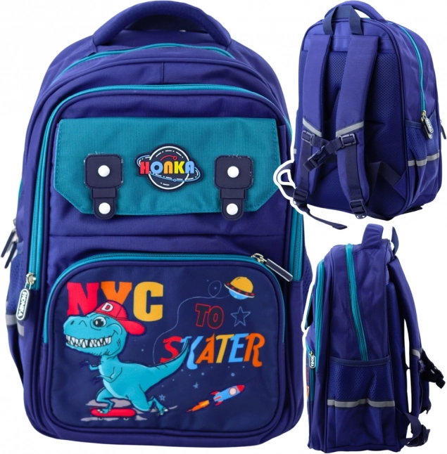 Rucsac școlar pentru copii cu motiv dinozauri, albastru marin 41x30x16 cm