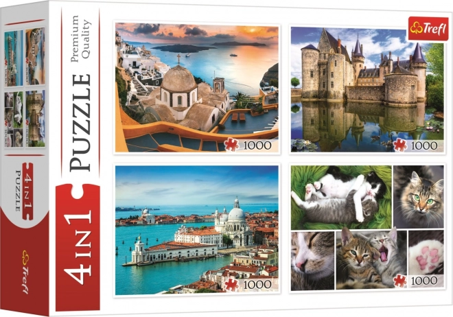 Puzzle TREFL Santorini, Veneția, Castelul Sully-sur-Loire și Pisici 4x1000 piese