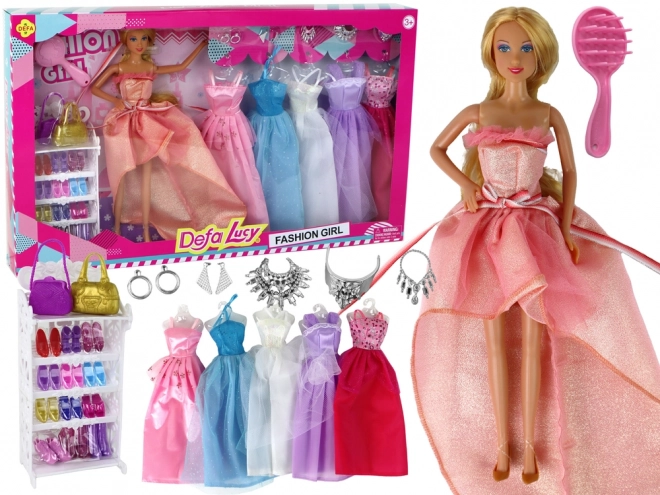 Păpușă pentru copii Păr lung blond Garderobă Pantofi Rochii Accesorii Roz