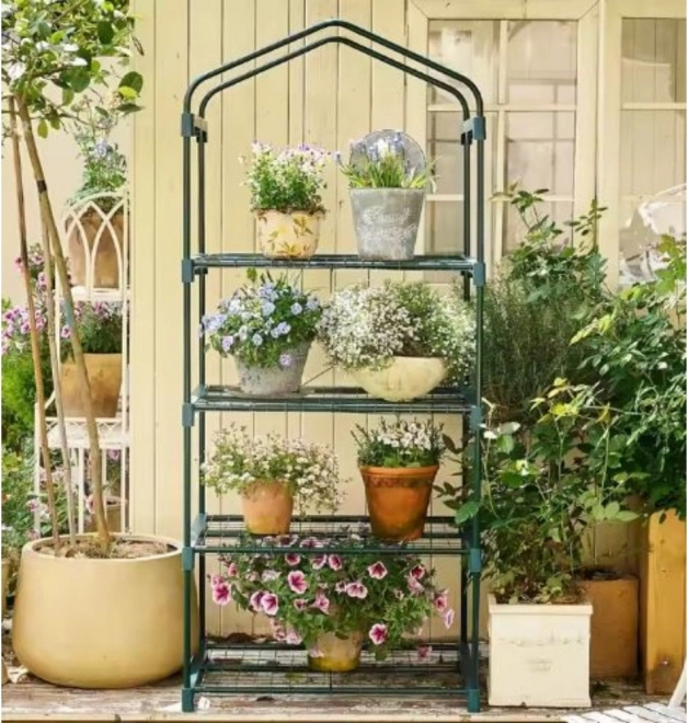 Mini seră de grădină pentru balcon cu 4 rafturi, metalică, folie PVC 69 x 49 x 157 cm
