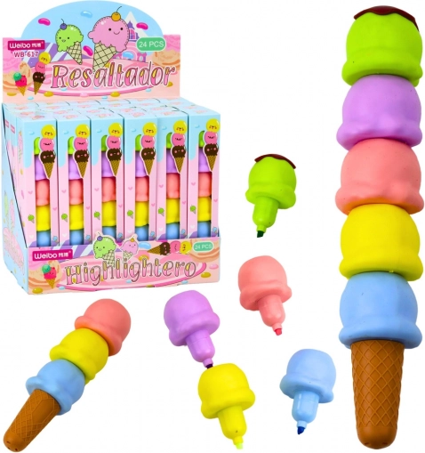 Subliniatoare pastelate în formă de înghețată, 5 culori, 18 cm
