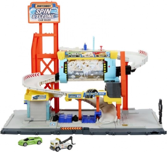 spălătorie auto matchbox turbo ciclon – set de joacă pe mai multe niveluri cu rampă și service