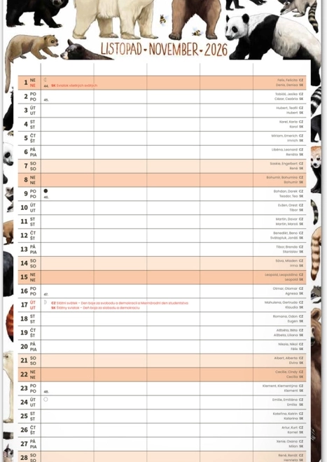Calendar de perete Planificator de familie 2026 cu ilustrații Animalium