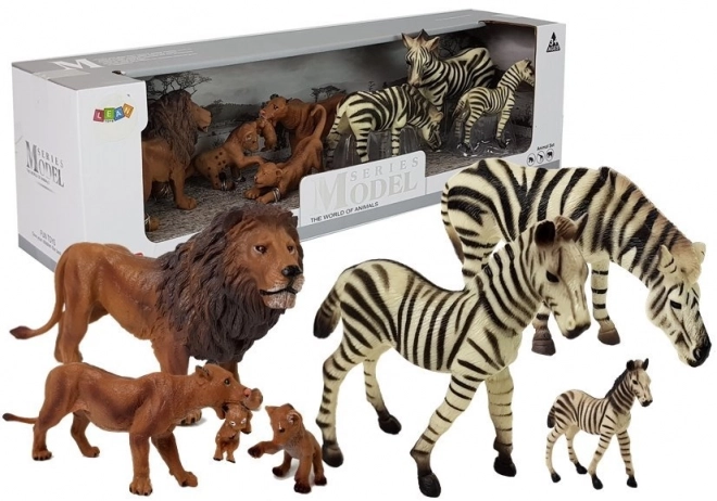 Set figurine animale sălbatice din Africa - familie de lei și zebre