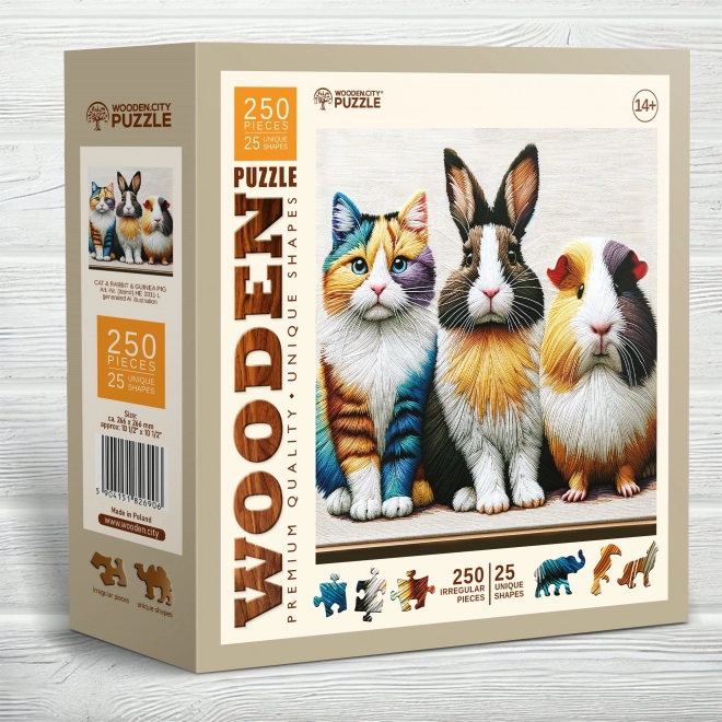Puzzle din lemn cu pisică, iepure și cobai