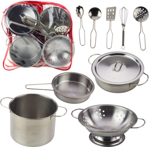 Set de bucătărie metalic pentru copii în rucsac transparent, 12 piese