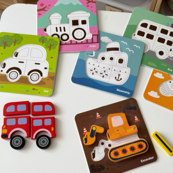 Puzzle din lemn pentru vehicule Woopie Montessori FSC