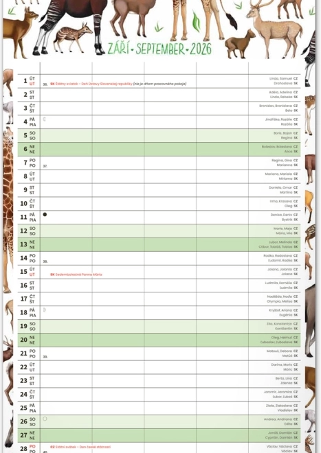 Calendar de perete Planificator de familie 2026 cu ilustrații Animalium