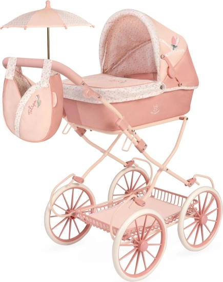 Cărucior pliabil pentru păpuși TULIPE cu geantă și accesorii 81 cm