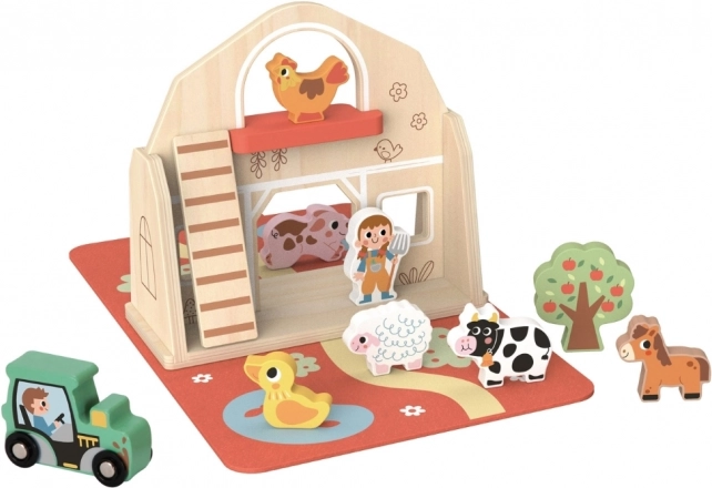 Tooky Toy Ferma din lemn pliabilă cu figurine de animale