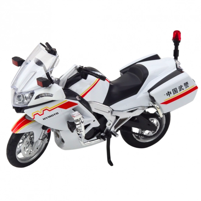 Motocicletă din metal cu lumini și sunete, albă cu dungi roșii și galbene 1:12