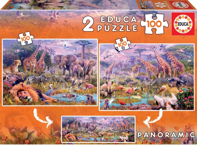 puzzle panorama animale sălbatice 2x100 bucăți