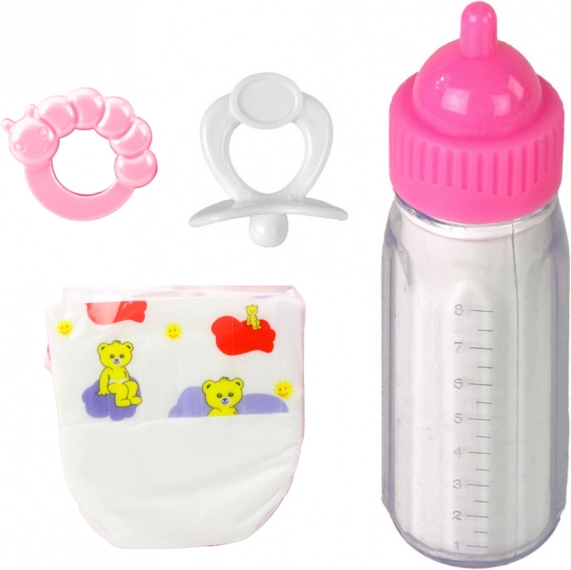 Set accesorii pentru păpuși cu biberon, suzetă, scutec și zornăitoare