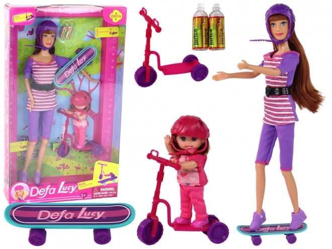 set păpuși lucy violet cu trotineta skateboard și căști