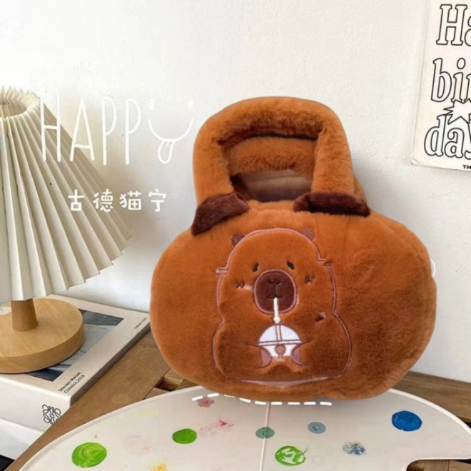 Geantă din pluș cu capibara și cană maro 20 cm