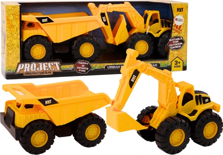 Set utilaje de construcții Excavator basculant Camion mutări galben