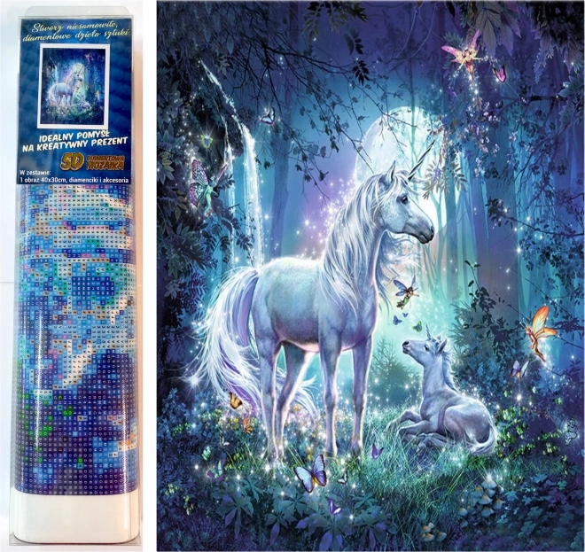 Pictură cu diamante unicorn în pădurea magică