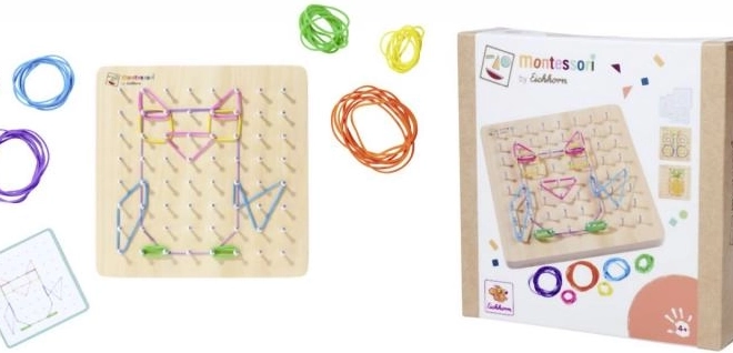 Placă geometrică Montessori cu elastice colorate