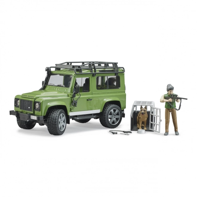 Land Rover Defender cu figurina vânător, câine și accesorii