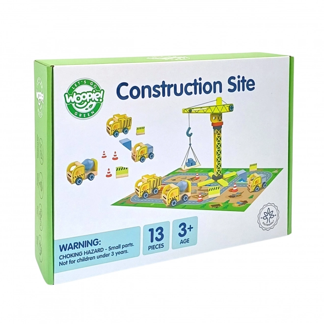 Set de construcție din lemn XXL cu macara rotativă și vehicule Woopie Green