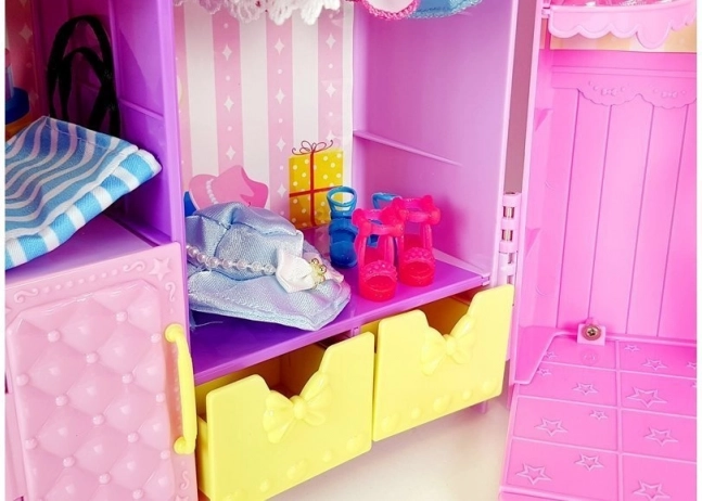 Dressing cu iluminare și oglindă, păpușă 26 cm, set vestimentație și accesorii