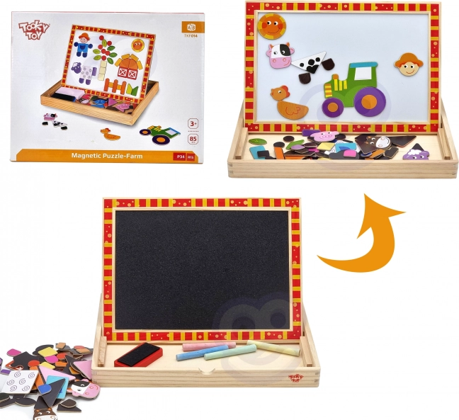 Tablă dublă din lemn Tooky Toy Fermă cu puzzle-uri magnetice