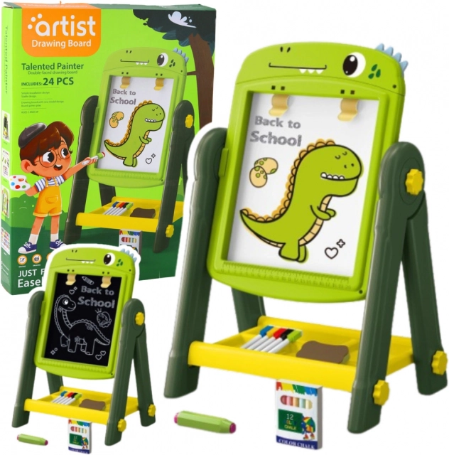 Tablă magnetică cu două fețe pentru desen Dinozaur verde cu accesorii