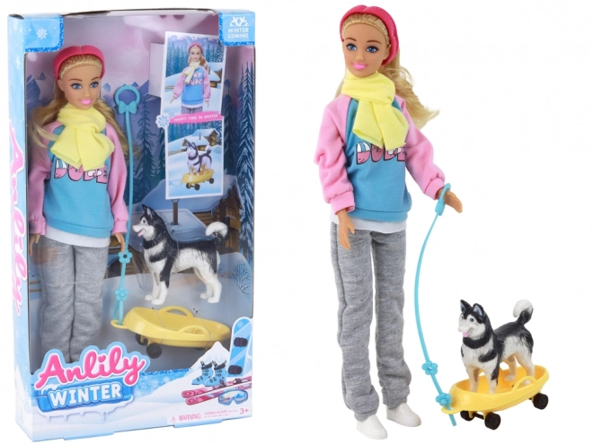 Păpușa Anlily cu Câine Husky și Săniuțe Ediție de Iarnă