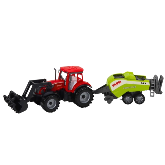 Tractor roșu cu încărcător și presă de balotat